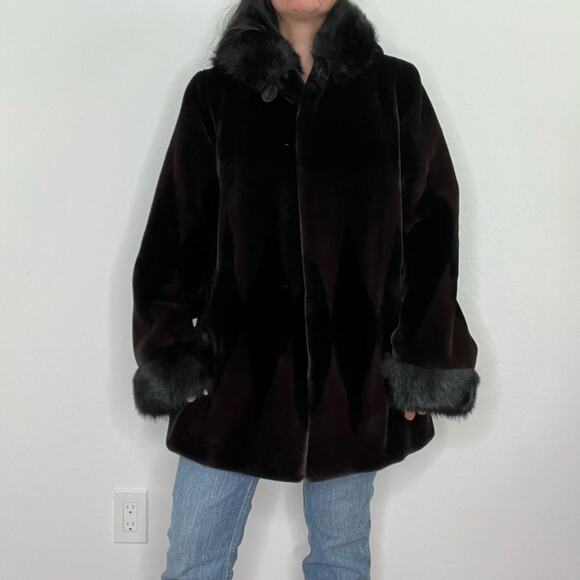 Nuage Dark Brown Black Faux Fur Hooded Coat w/ Trim Diamond Pattern Y2K - Picture 2 of 16